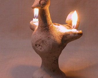 Earth friendly Vintage Oil Lamp bird, Holy Pillar Bird holder, Eco Clay oil lamp, Votive candles, Rare Religious candles Ancient Pottery