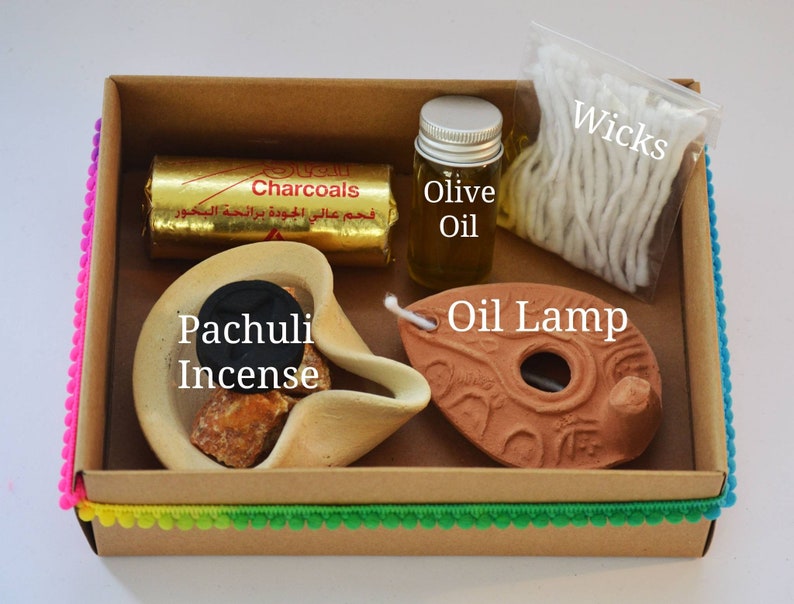 Earth friendly gift box, Eco gifts, Anti epidemic oil lamps gift box set, Sandalwood Incense, Cleansing kit & Protection, Oil lamps pottery image 5