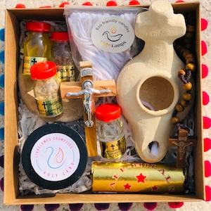 Pottery Jerusalem Cross Oil Lamp Gift Set, Christian Gift Box, Olive Oil Candle, Holy Land Gift, Handmade Israel