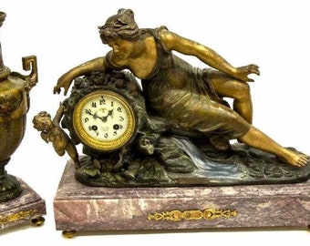 Rare Stunning 19th Century French Figural Statue Marble Mantle Clock with Urn Garniture Set