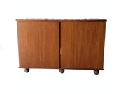 1960s Mid-Century Modern English HACKER RADIO Teak Rolling Low Media Cabinet - Vintage repurposed record player audio console on wheels