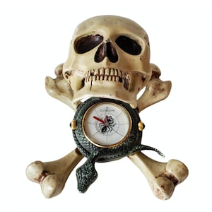 Rare Corum Jolly Roger Skull & Crossbones Enameled Metal Sculptural Alarm Desk Clock / Travel Table Clock, circa 2005, 3.101.25