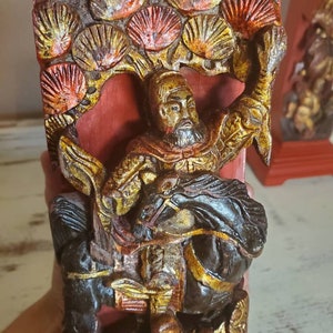 Vintage Chinese Red Lacquer Gilt Painted Hand Carved Wooden Figural Architectural Element Incense Burner Stand image 4
