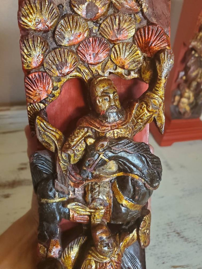 Vintage Chinese Red Lacquer Gilt Painted Hand Carved Wooden Figural Architectural Element Incense Burner Stand image 4