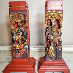 Vintage Chinese Red Lacquer Gilt Painted Hand Carved Wooden Figural Architectural Element Incense Burner Stand image 2