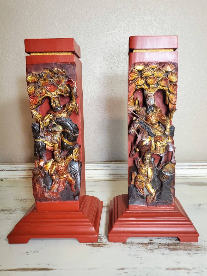 Vintage Chinese Red Lacquer Gilt Painted Hand Carved Wooden Figural Architectural Element Incense Burner Stand image 2