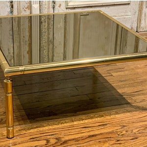 Mid-Century French Brass Faux Bamboo Smoked Mirror Glass Coffee Table image 2