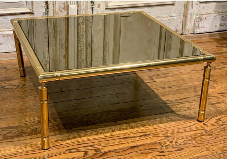 Mid-Century French Brass Faux Bamboo Smoked Mirror Glass Coffee Table image 2