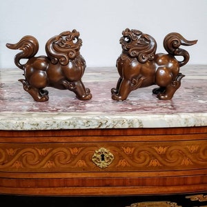 Japanese Takaoka Bronze Signed Luduan Foo Dog Incense Burner Censer Pair image 7