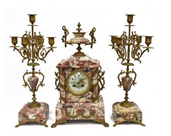 19th Century Parisian Napoleon III Gilt Bronze & Variegated Marble Antique Mantel Clock Candelabra Garniture Set by AD Mougin (French)