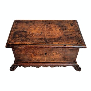 Scarce 17th/18th Century Italian Venetian Marquetry Table Box in Cassone Chest Form - Antique Jewelry Casket