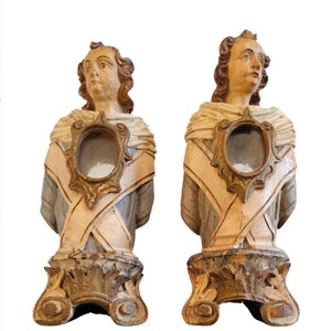 17th/18th Century Italian Church Baroque Carved Polychrome Gilt Wood Altar Figure Reliquary Bust Pair - Antique Religious Relic Sculpture