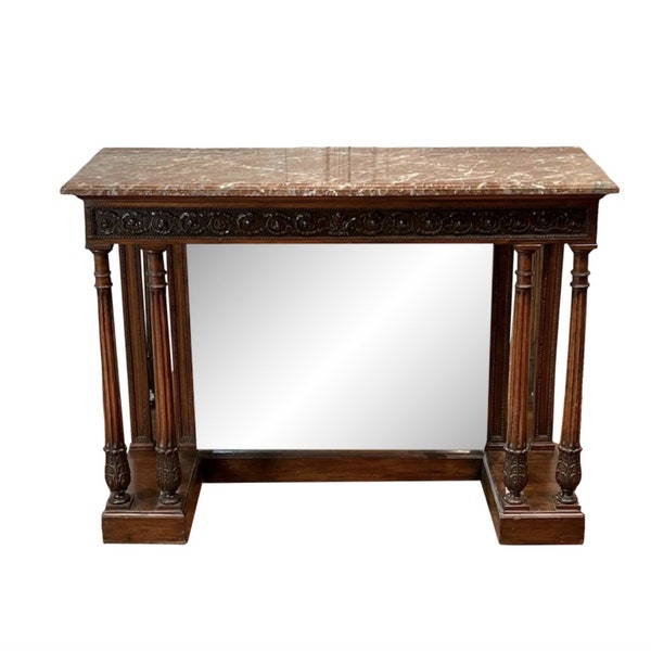 Antique French Carved Walnut Mirrored Back Pier Table Console with Rouge Marble-Top 19th Century