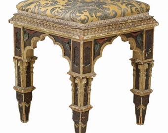 Antique Gothic Revival Carved & Polychrome Painted Ottoman Stool Tabouret with Upholstered Seat 19th Century