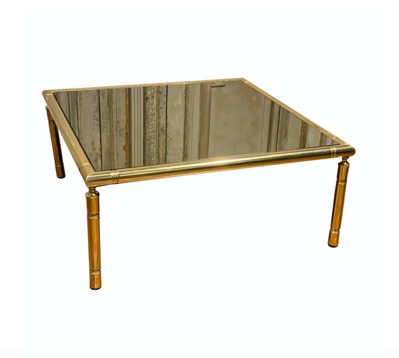 Mid-Century French Brass Faux Bamboo Smoked Mirror Glass Coffee Table image 1