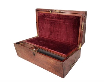 Antique English Mahogany Campaign Style Lap Desk Writing Box with Inkwells & Slope - 19th Century Portable Travel Desk