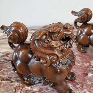 Japanese Takaoka Bronze Signed Luduan Foo Dog Incense Burner Censer Pair image 3