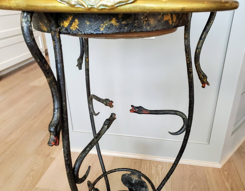 Antique Italian Wrought Iron Sculptural Serpent Snake Atheniennel Tripod with Hammered Copper & Brass Handled Brazier / Tiered Planter Stand image 8