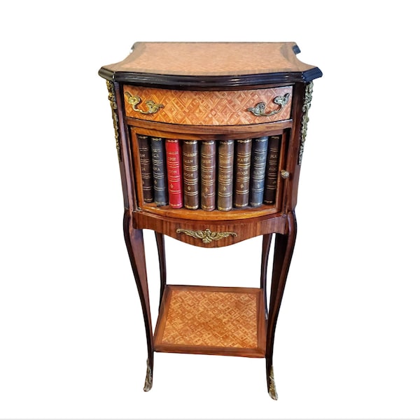 Fine Vintage French Rosewood Parquetry Inlaid Ormolu Mounted Faux Book Bedside Cabinet / Nightstand / Side Table circa 1940s