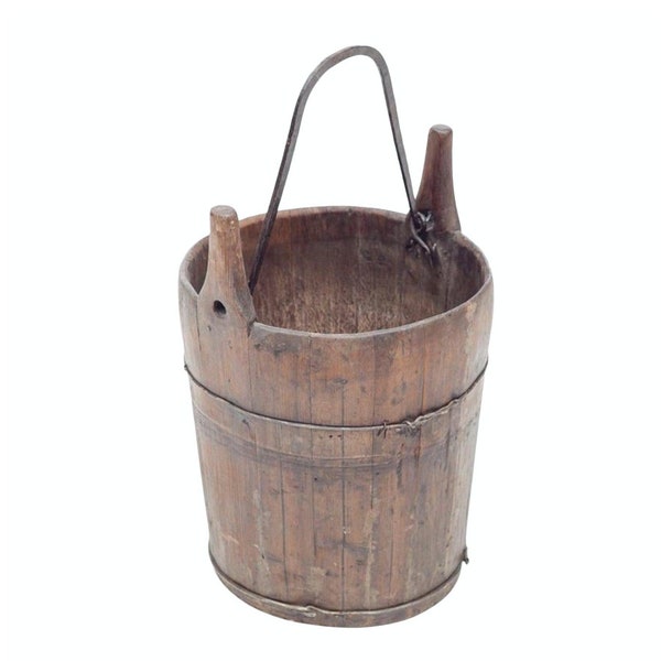 Large Rustic 19th Century American Iron Banded Wooden Stave Antique Well Bucket