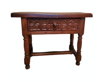 Rustic Spanish Baroque Carved Walnut Antique Small Bench, Stool or Table from Late 19th Century