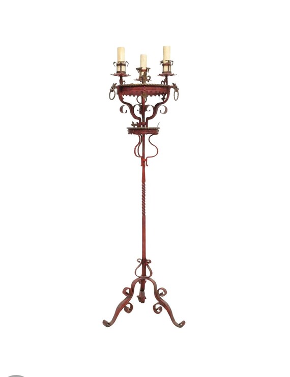 Italian Gaudi Style Wrought Iron Floor Lamp with Grotesque Dragon Head Figures - Antique Medieval Gothic Mediterranean Revival