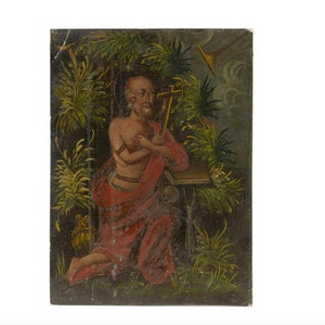 18th/19th Century Spanish Colonial Hand Painted Oil On Tin Santo Retablo, Saint Jerome,  Mexican Folk Art, Catholic Church Altarpiece