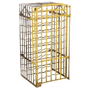 May include: A vintage wine rack with a rectangular shape, constructed from metal. The rack features a yellow painted front section and a dark, aged metal frame. It is designed to hold multiple wine bottles.