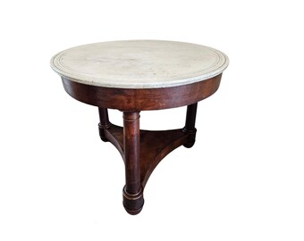 Antique French Empire Period Mahogany Guéridon Center Table - Round White Marble Top Pedestal Entry Table - Early 19th Century