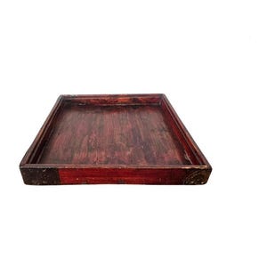 Rustic Antique Asian Chinese Metal Mounted Red Lacquered Wood Square Tray with Distressed Wabi-Sabi Patina