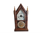 Antique Victorian Gothic Revival American Church Cathedral Steeple Clock by E. N. Welch - Mahogany Finish, Reverse Painted Glass 19th c.