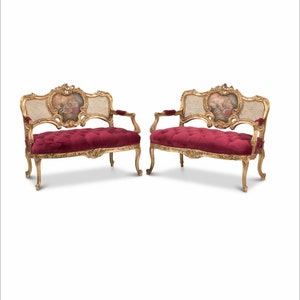 Pair of Louis XV Rococo Style Carved Painted Giltwood Settees