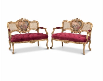 Pair of Louis XV Rococo Style Carved Painted Giltwood Settees