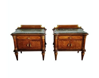 Mid-Century Italian Burlwood Marquetry Bedside Cabinet Nightstands / Side Tables - A Pair - circa 1930s/1940s