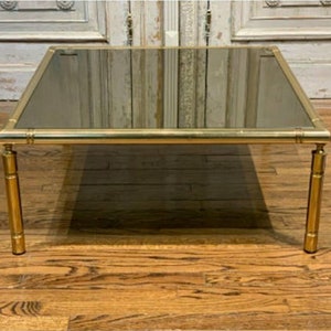 Mid-Century French Brass Faux Bamboo Smoked Mirror Glass Coffee Table image 3