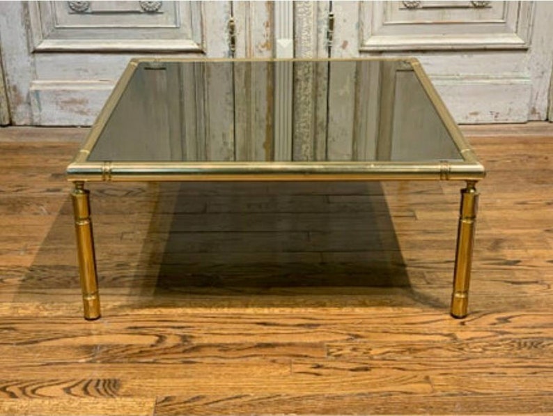 Mid-Century French Brass Faux Bamboo Smoked Mirror Glass Coffee Table image 3