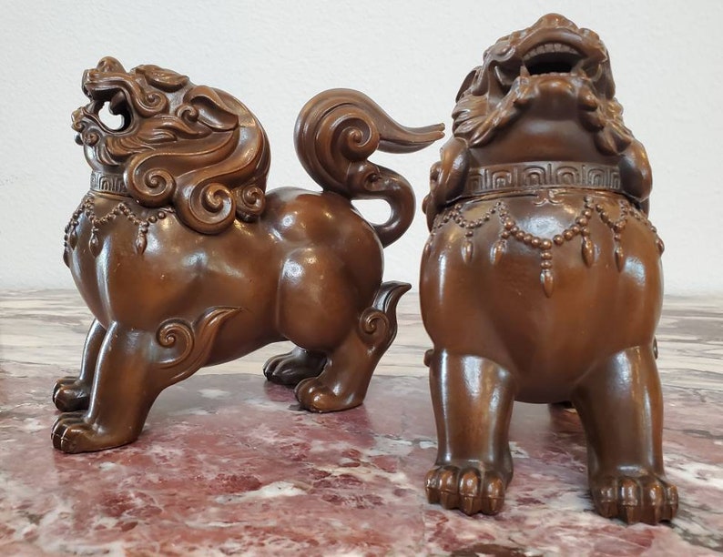 Japanese Takaoka Bronze Signed Luduan Foo Dog Incense Burner Censer Pair image 5