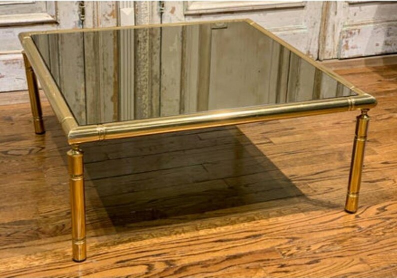 Mid-Century French Brass Faux Bamboo Smoked Mirror Glass Coffee Table image 4