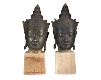 Pair of Antique Thai Ayutthaya Period Bronze Crowned Buddha Head Sculpture Statue Mounted on Wooden Stands 17th / 18th Century