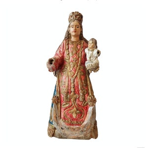 Antique Spanish Colonial Carved Painted Gilt Santo Religious Altar Figure - Nuestra Señora del Buen Suceso