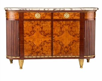 Early 20th Century French Louis XVI Art Deco Gilt Bronze Mounted Mahogany Bookmatched Burl Wood Tambour Credenza Sideboard / Antique Buffet