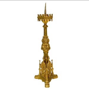 Antique Gothic Revival Gilt Bronze Altar Stick Candlestick Pricket