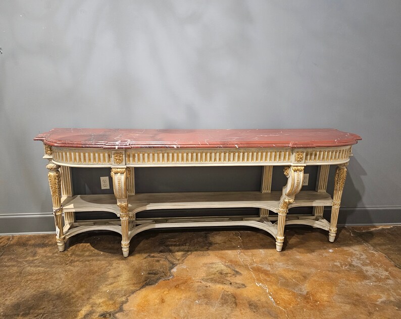 Large Vintage French Louis XVI Style Painted Parcel Gilt Console Table Sideboard Server image 2