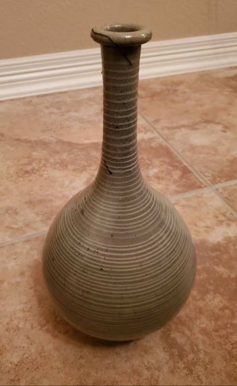 Scarce Antique Japanese Edo Period Seto Ware Glazed Green Striped Ceramic Bottleneck Wine Bottle Vase 18th Century image 6