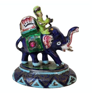 Vintage Miniature Sterling Silver Meenakari Enameled Elephant Figurine Statue from India