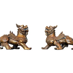 Pair of Fine Chinese Bronze Pixiu Wealth Dragon Figure Feng Shui Sculpture - Winged Qilin Foo Dog Guardian Lion Asian Mythical Beast
