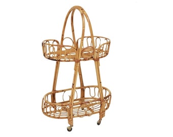 Vintage Italian Modern Bamboo & Rattan Two Tier Bar Cart / Serving Trolley circa 1960s/1970