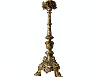 Fine Antique Gothic Victorian Gilt Brass Torchiere Altar Stick - Sculptural Winged Dragon & Guardian Dog Large Bronze Candlestick 19th C.