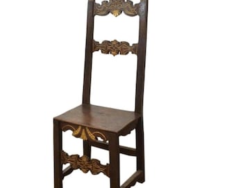 19th Century Spanish Parcel Gilt Carved Walnut Rustic Antique High Back Chair