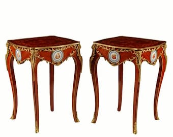 Fine French Louis XV Style Gilt Bronze Ormolu Porcelain Mounted Kingwood Marquetry Side Table Pair Francois Linke Martin Carlin